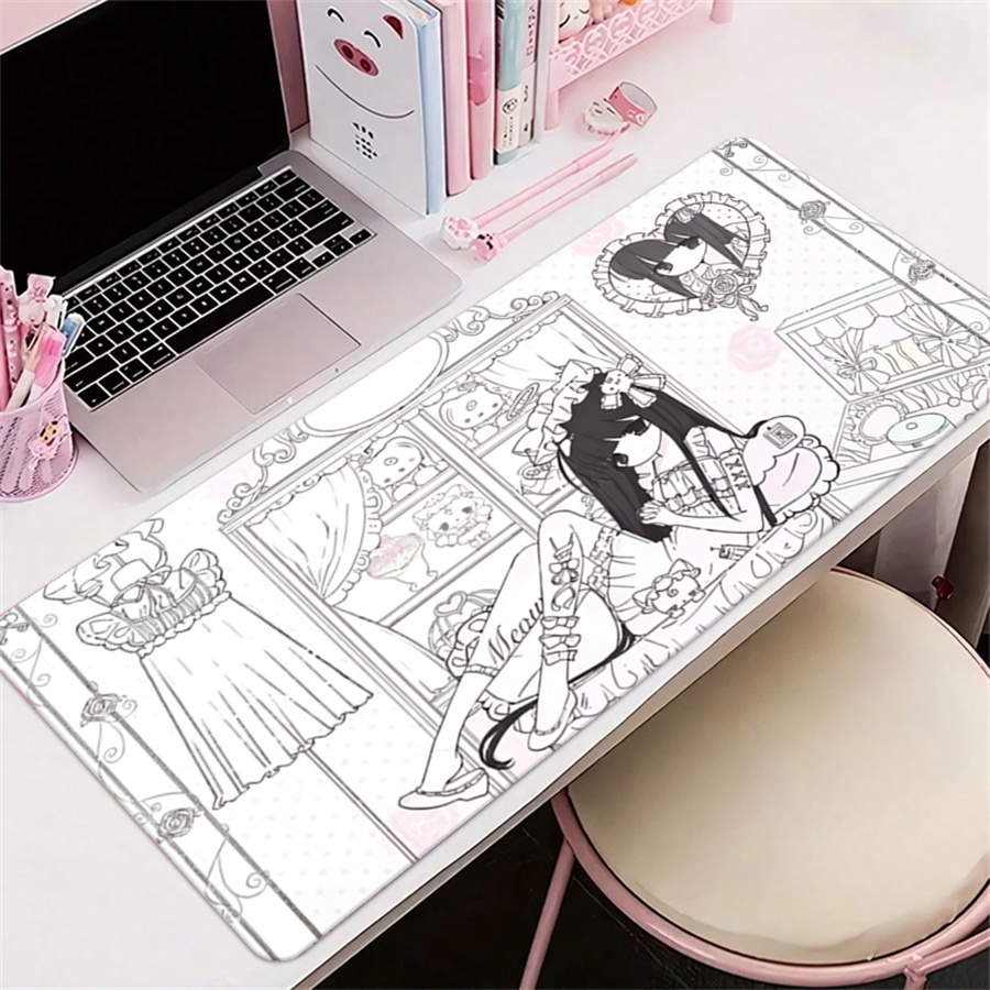 Leather Desk Pad - แผ่นรองเมาส์หนังลายอนิเมะสีชมพูขาวลายนางฟ้า แผ่นรองโต๊ะทำงานสำหรับคอมพิวเตอร์และคีย์บอร์ด อุปกรณ์ตกแต่งโต๊ะทำงาน พรมรองเมาส์หนัง