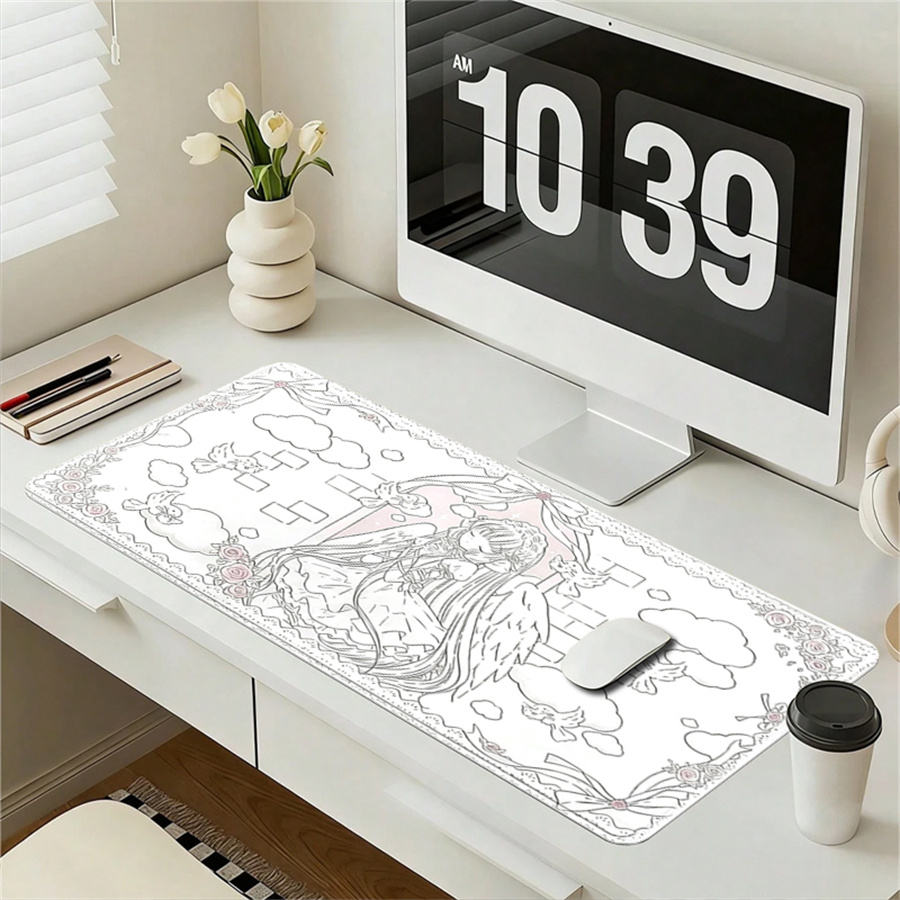 Leather Desk Pad - แผ่นรองเมาส์หนัง, พรมปูโต๊ะลายสาวนางฟ้า, พรมรองเมาส์ลายอนิเมะวินเทจสีชมพูสำหรับตกแต่ง, พรมรองเมาส์กันลื่น