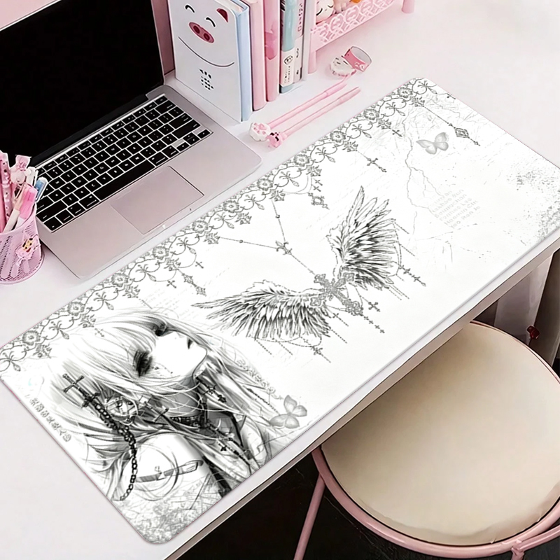 Leather Desk Pad - แผ่นรองเมาส์หนังสีดำสีขาวอะนิเมะความงามของสาวนางฟ้าแผ่นรองเมาส์อุปกรณ์สำนักงานคีย์บอร์ดเกมพีซีอีสปอร์ต HD แผ่นรองโต๊ะ